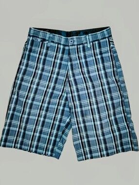 Mickos blue green plaid walking shorts bermudas chinos golf Sz 30 Excellent Cond